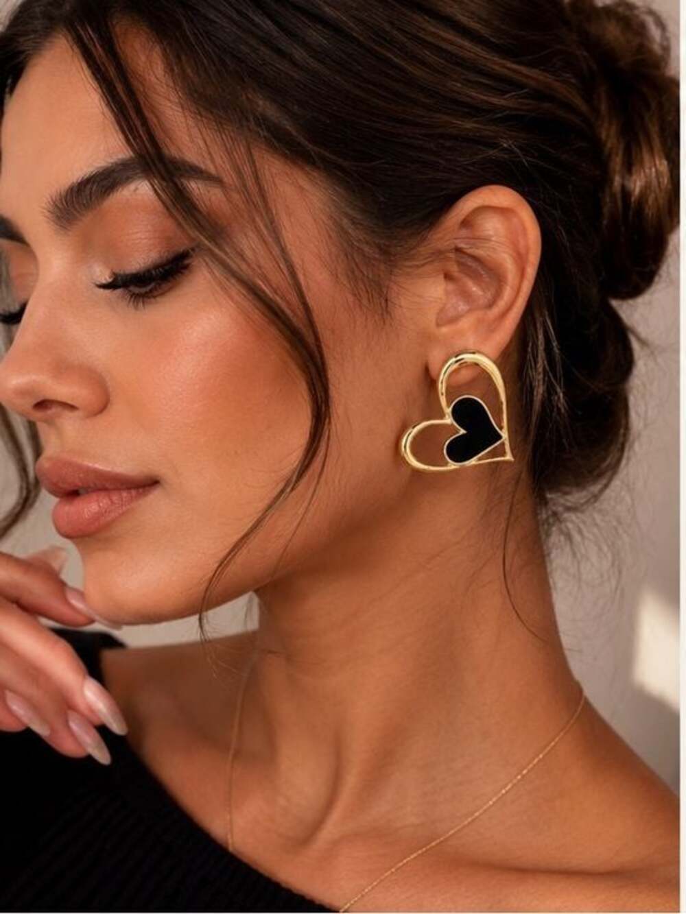 Gold Heart Statement Earrings with Black Accent